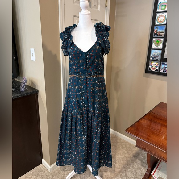 Anna Cate maxi dress, ruffle sleeves, dark teal with small print, size Large - Picture 1 of 8